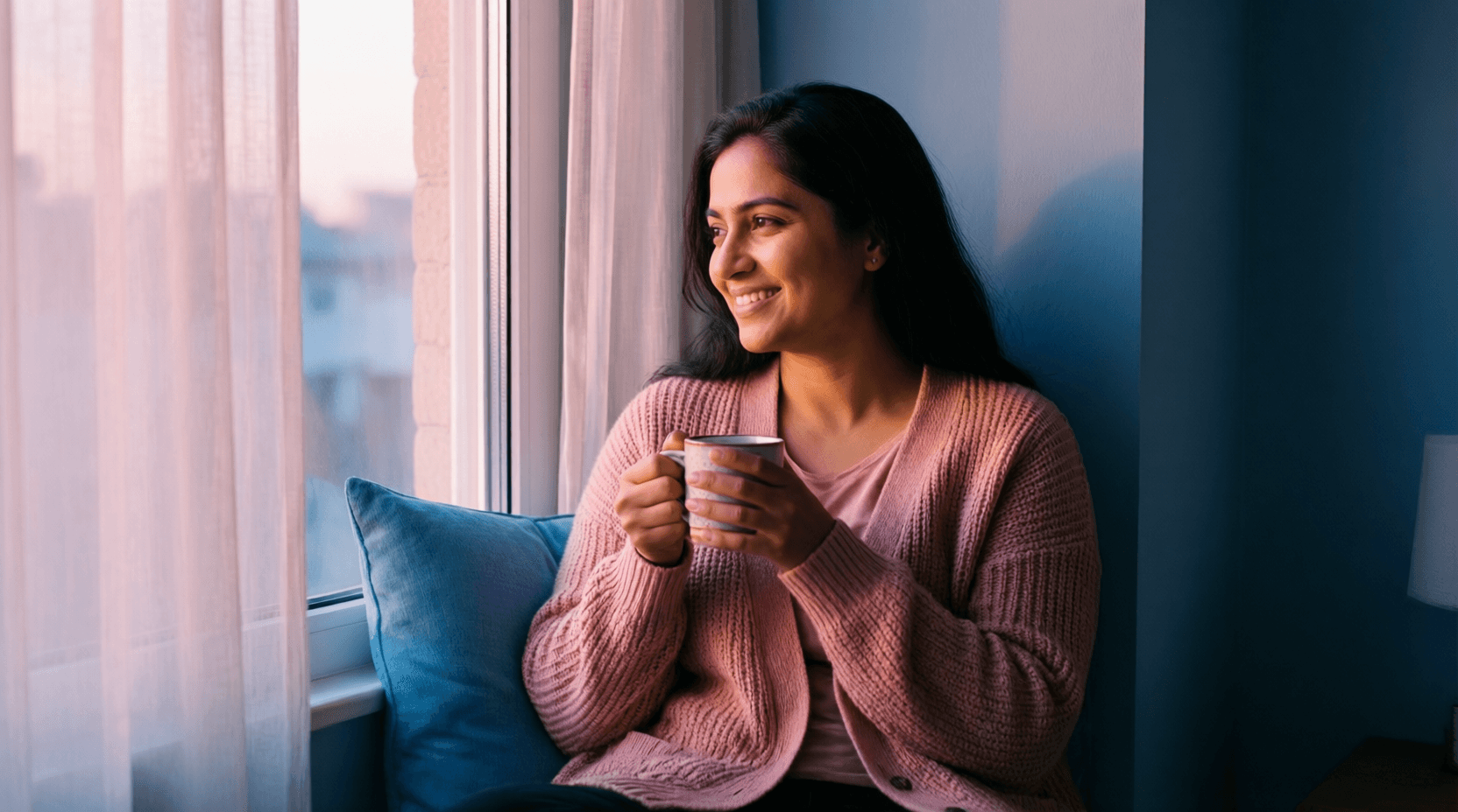 A South Asian woman sits alone and at ease on a window seat at home in soft morning light, smiling gently to herself with a warm mug — relaxed, private, unhurried; warm light on one side, cool blue shadow on the other.