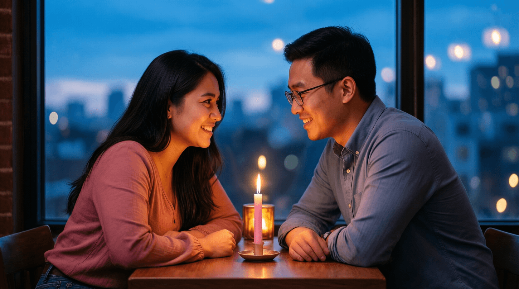 A first date between a Latina woman and an East Asian man at a candlelit bar during blue hour — both a little nervous and clearly delighted, leaning in over the table as warm light meets the cool blue of the window behind them.