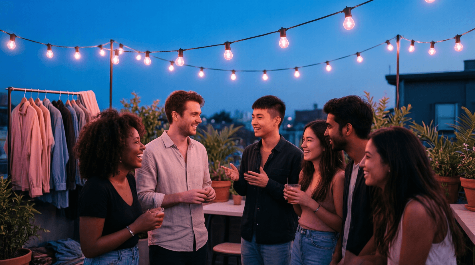 A warm rooftop gathering at blue hour — a diverse group of friends and new acquaintances laughing together under strings of warm pink lights against a deep blue evening sky.