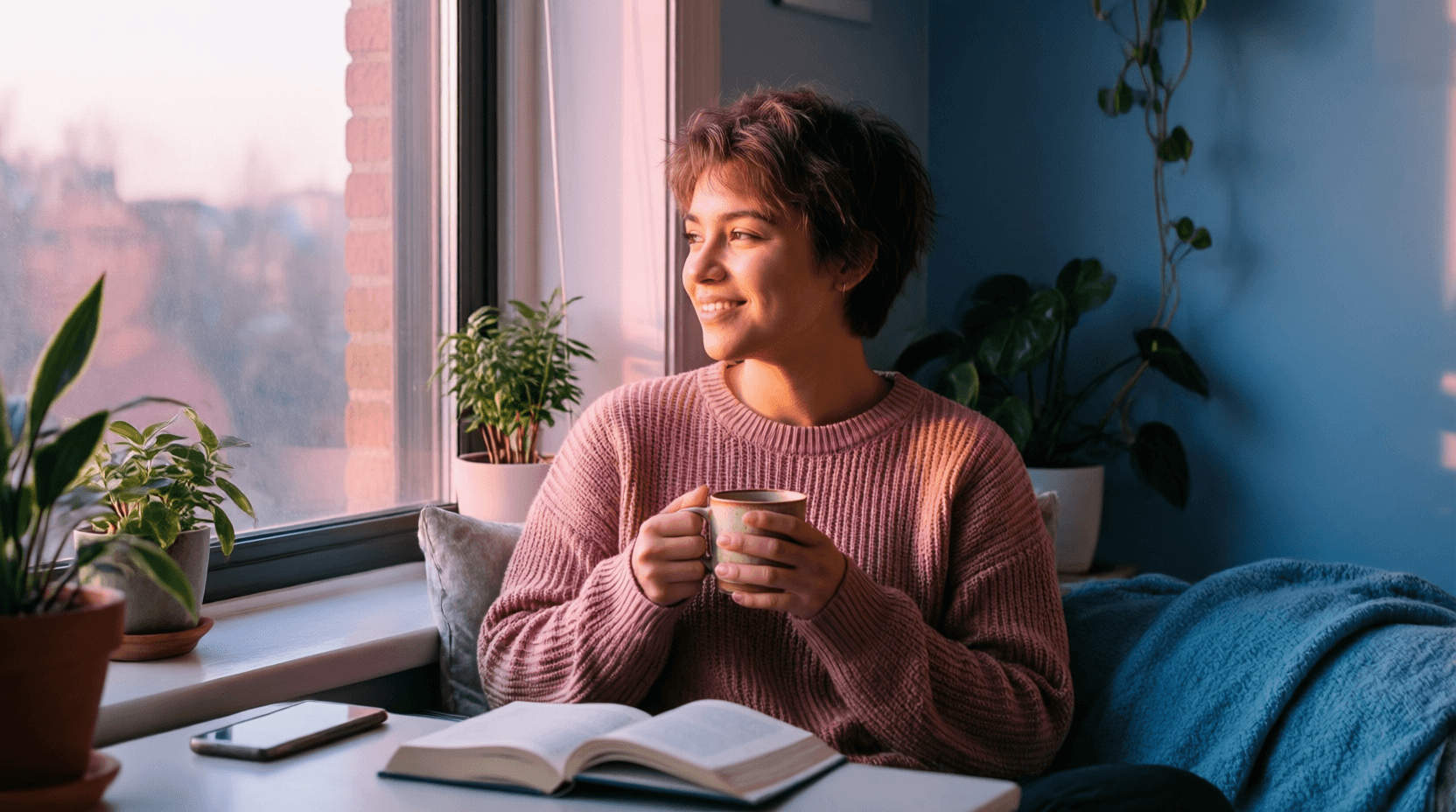 A relaxed non-binary person with an androgynous look sits by a sunlit apartment window with a coffee and a book, phone face-down on the table, calm and content in the warm late-afternoon light.