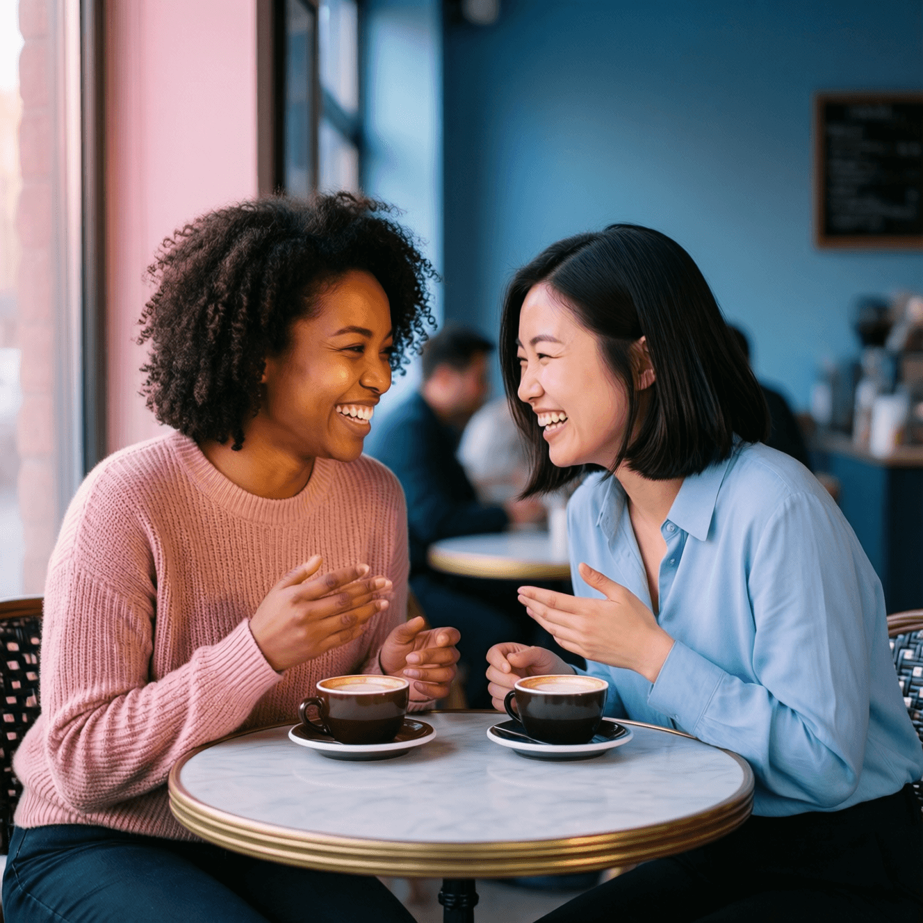 Two women on a first date, both clearly women — a Black woman with natural curls and an East Asian woman — leaning across a small café table, mid-laugh over coffee in warm afternoon light.
