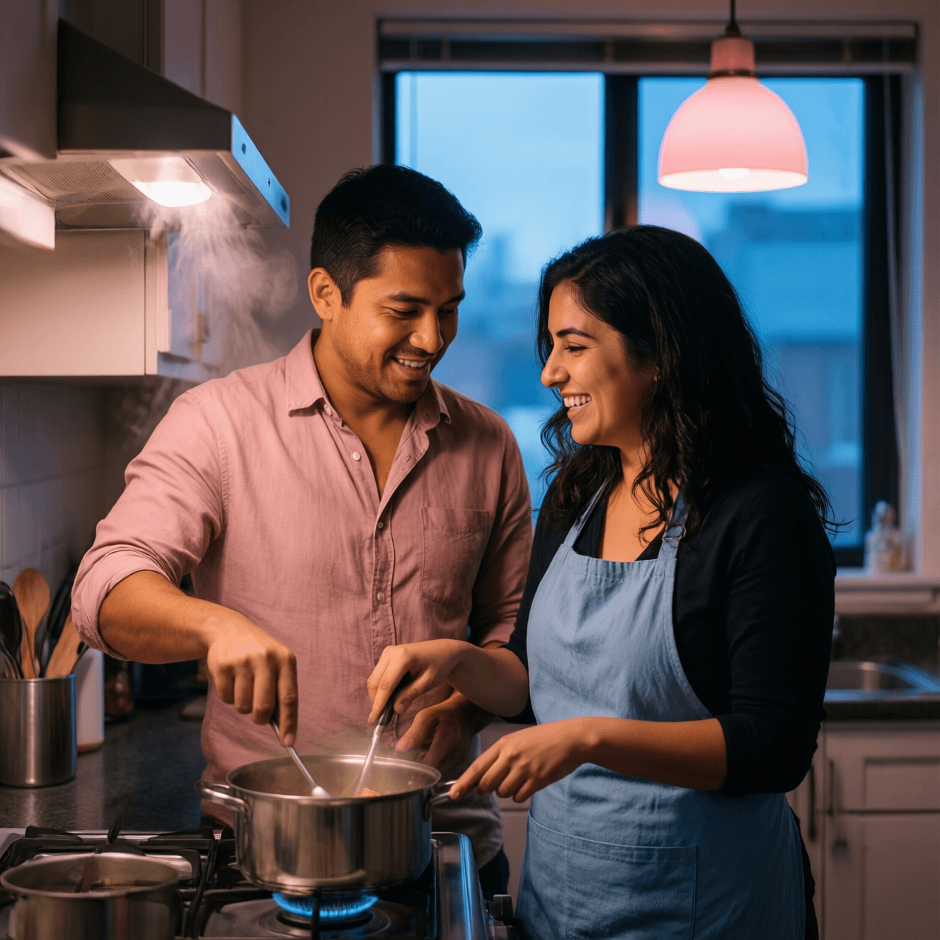 A new couple at home — a Latino man and a Middle Eastern woman — cooking together in a softly lit kitchen at dusk, comfortable and happy in each other's company.