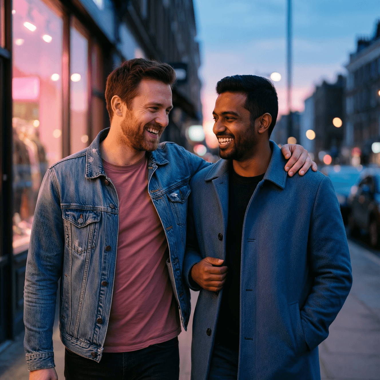 Two men on a date, both clearly men — a White man and a South Asian man — walking close together along a city street at golden hour, sharing an easy, unguarded laugh.