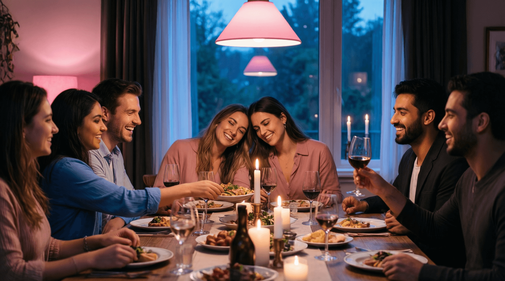 A relaxed evening dinner party around a warm wooden table — a diverse group of friends including a same-sex couple, two Black women, leaning into each other amid candlelight and the cool blue dusk through the windows; a new couple toasting in the foreground.